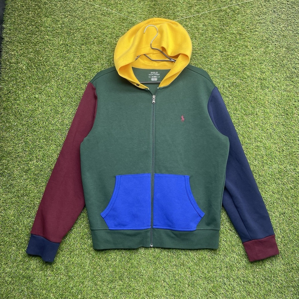 Polo Ralph Lauren Hoodie Mens Medium Colorblock Navy Blue Yellow Green Fleece